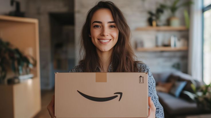 Persona feliz recibiendo productos gratis de Amazon