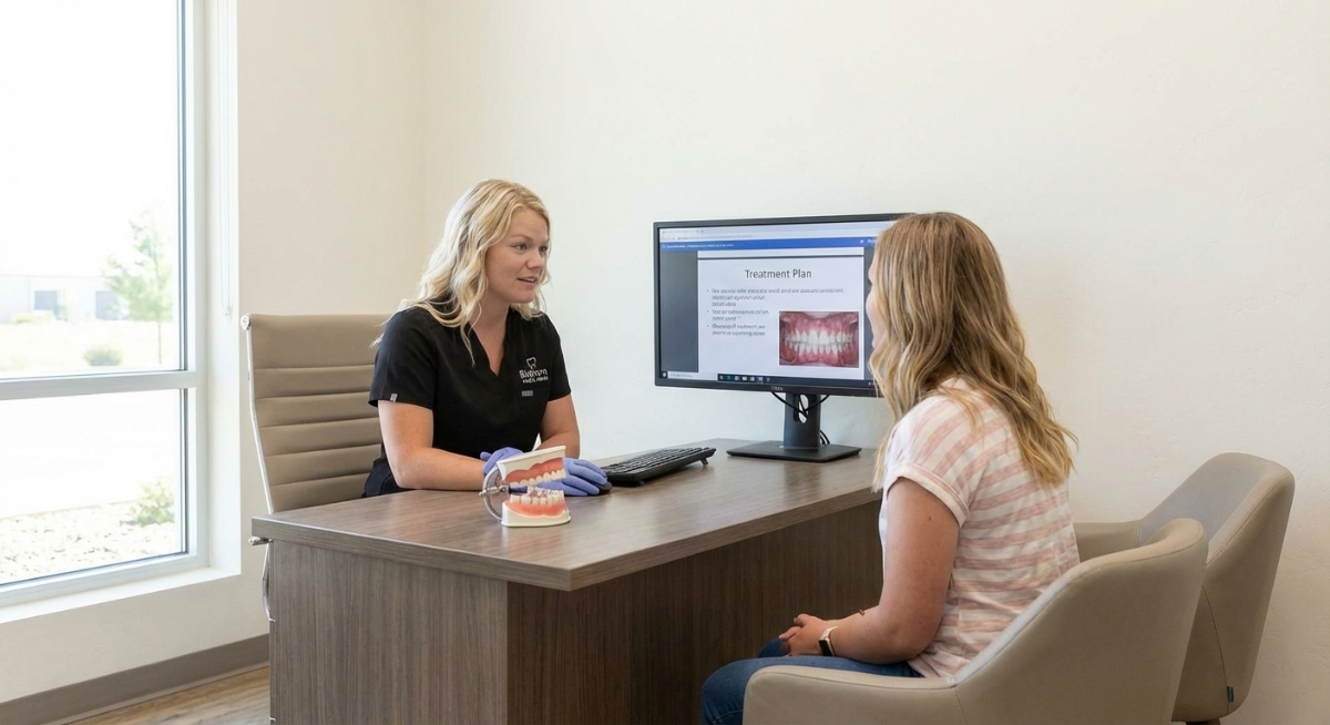 Dental consultation - dentist discussing treatment plan with patient