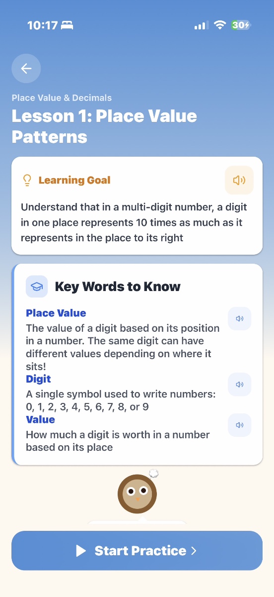 Math Pathway lesson introduction showing learning goal and vocabulary definitions for Place Value concepts