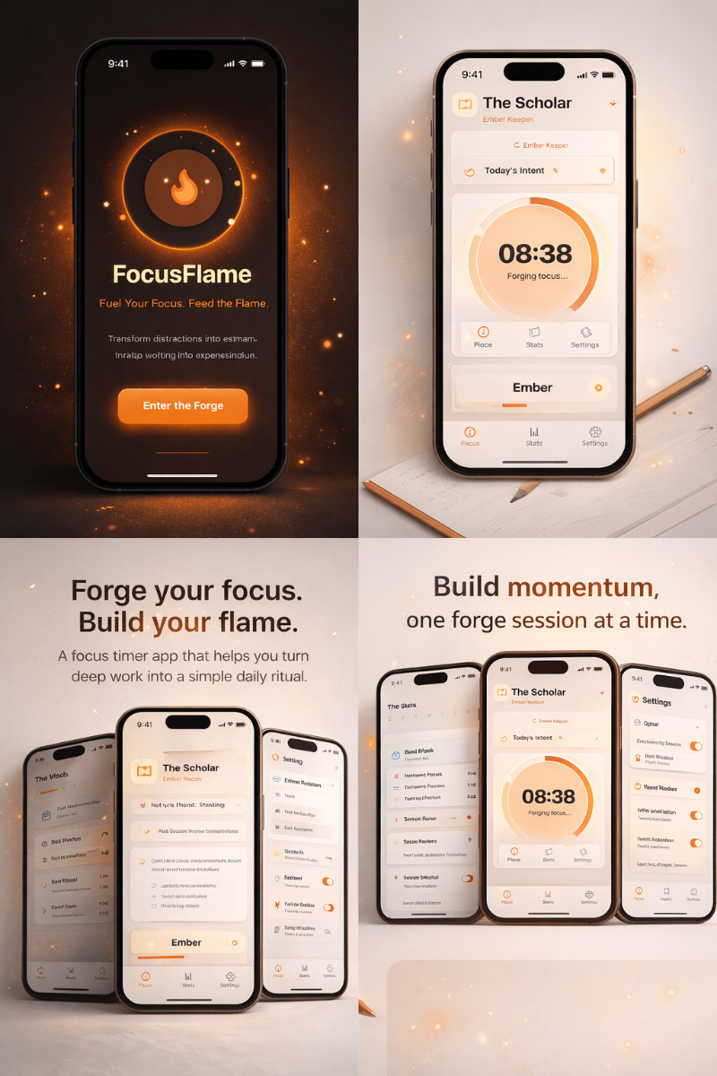 FocusFlame App Screenshots - Welcome and Timer