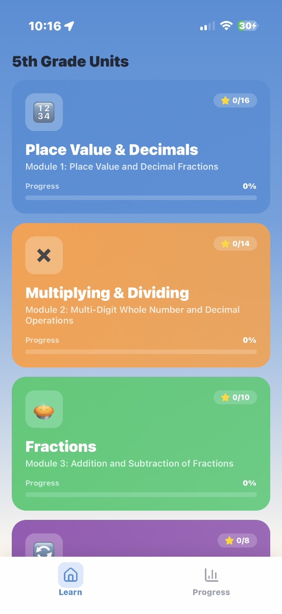 Math Pathway App - 5th Grade Units including Place Value, Decimals, Fractions, and more