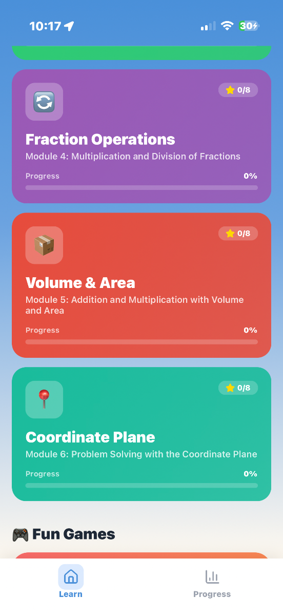 Math Pathway app showing Fraction Operations, Volume and Area, and Coordinate Plane modules with progress tracking