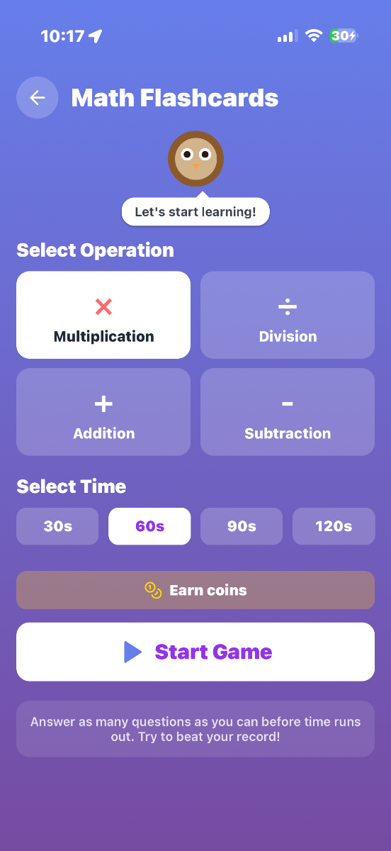 Math Pathway Fluency Flashcards screen showing operation selection, time settings, and Start Game button