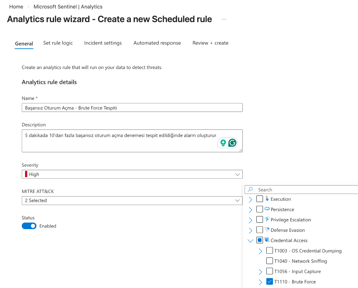 Analytics Rule - General ayarları ve MITRE ATT&CK seçimi