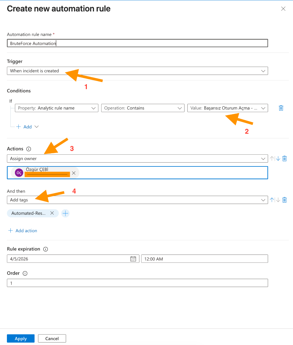 Automation Rule - Actions ve Tags ayarları