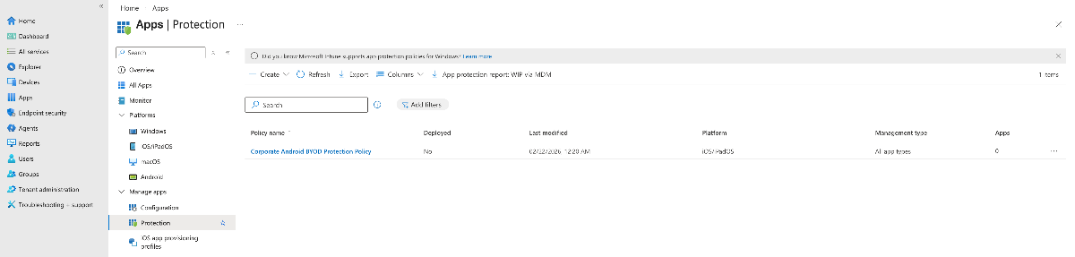 Intune Portal - Apps Protection politika görünümü
