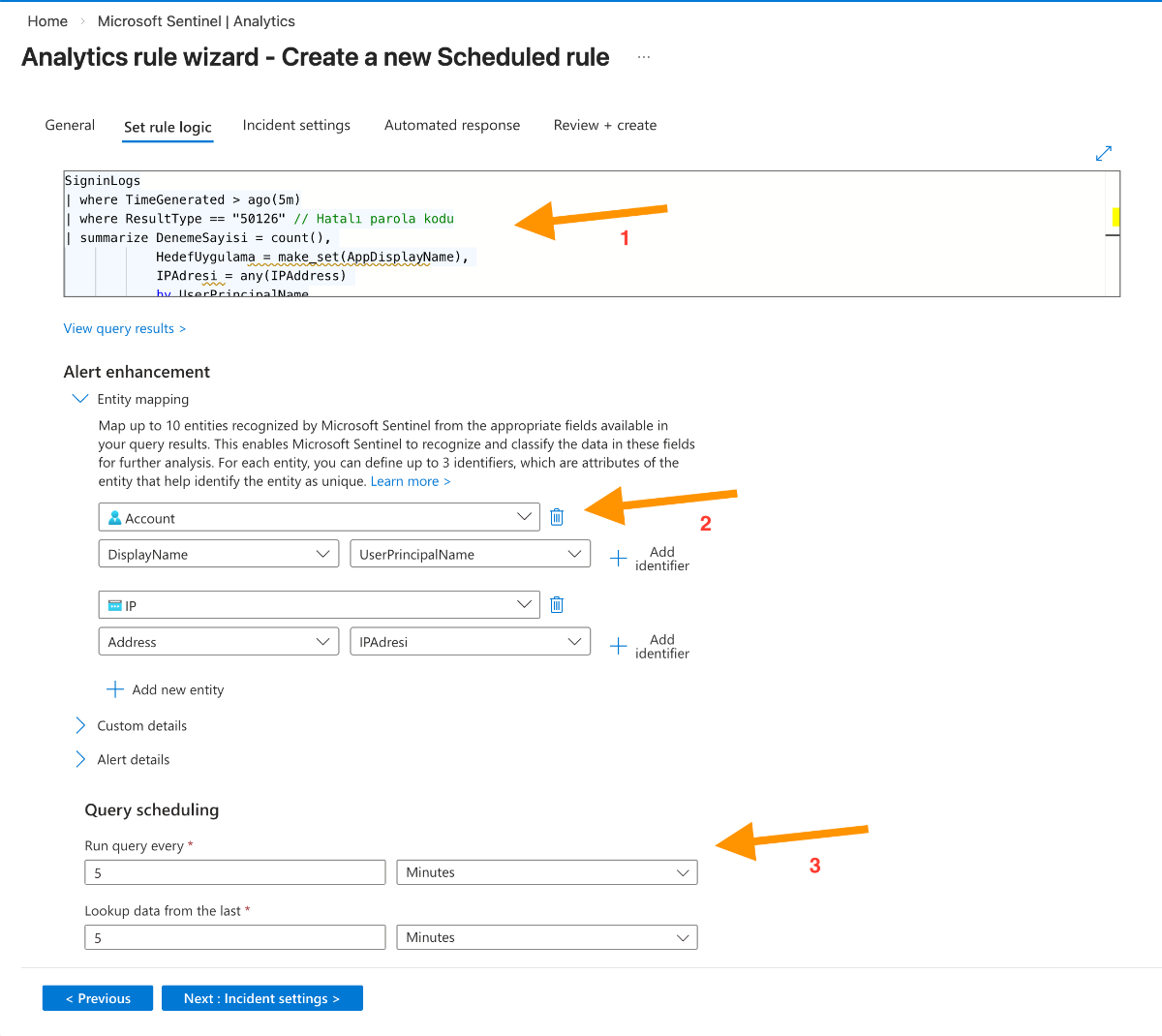 Analytics Rule - Entity Mapping ve Query Scheduling ayarları