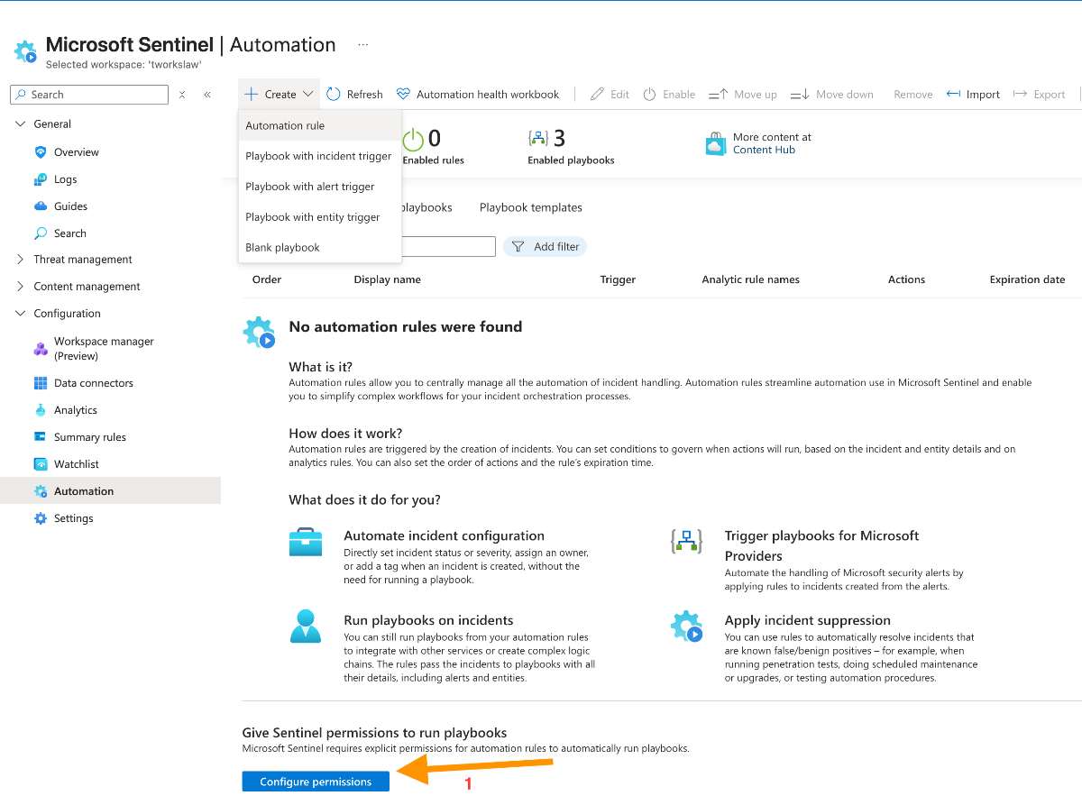 Microsoft Sentinel Automation sayfası - Configure Permissions