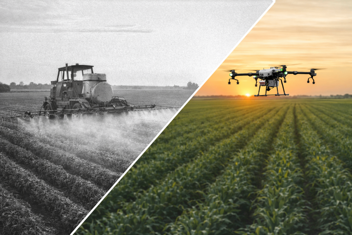 Evolution of agriculture - traditional tractor sprayer transitioning to modern precision drone technology