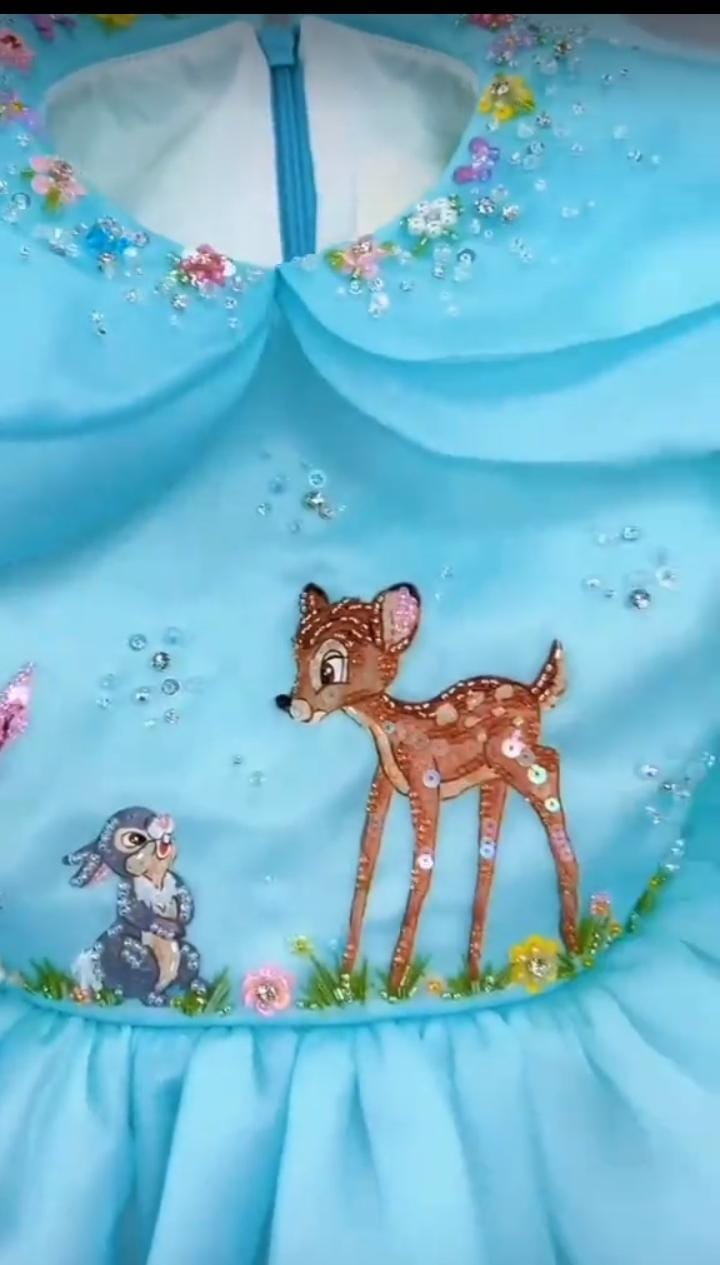 The Enchanted Forest Princess Dress: Hand-Beaded Deer & Rabbit Motif thumbnail 3