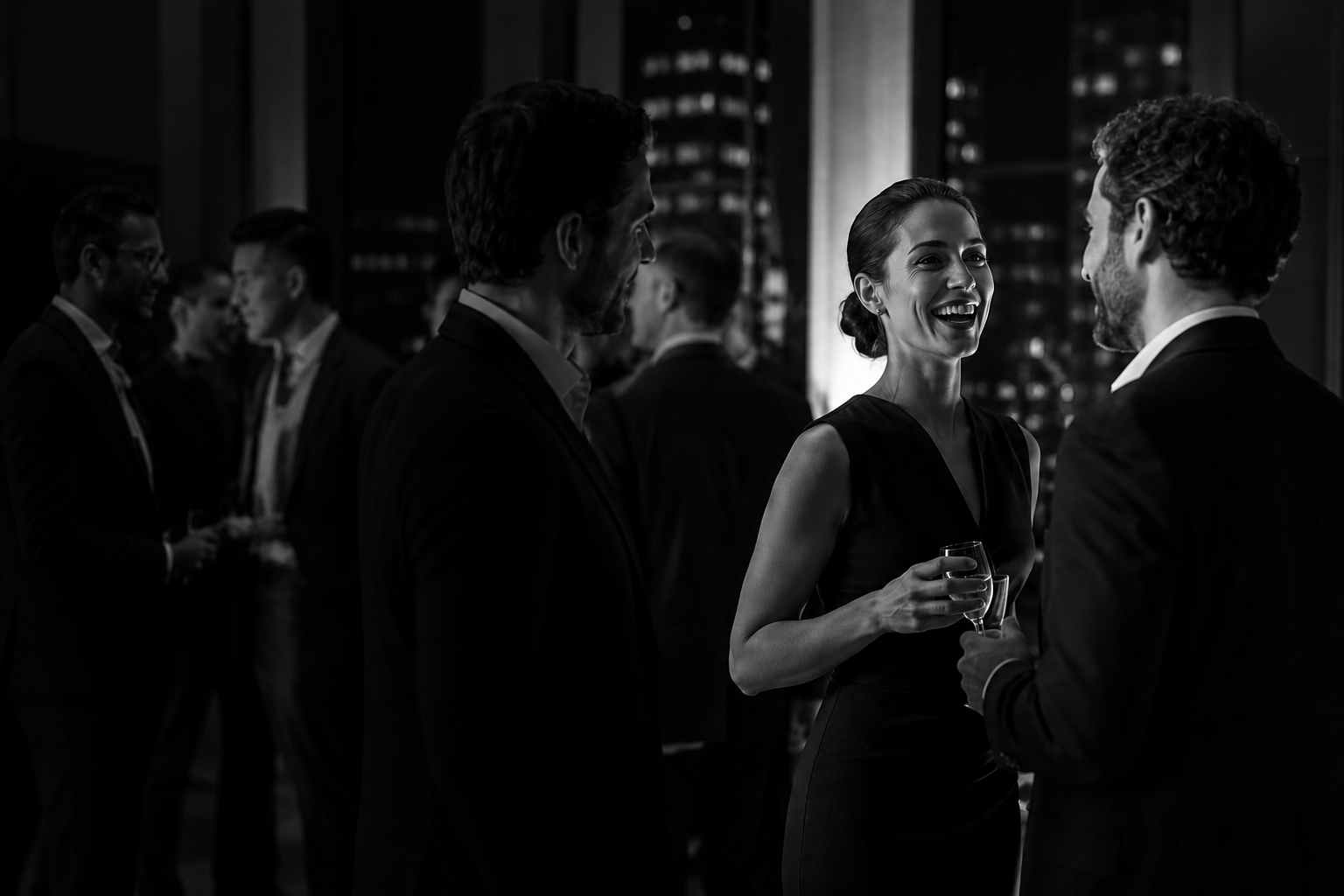 Executivos em evento corporativo noturno