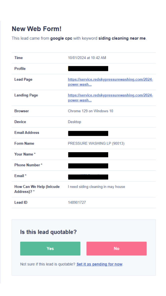 Google Ads lead form submission showing successful conversion