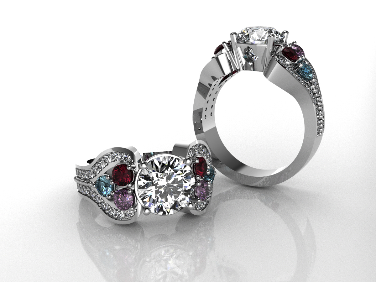 Platinum diamond ring with colorful gemstone accents, custom design San Antonio jewelry