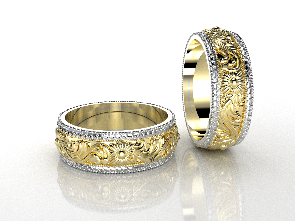 Gold and silver ornate wedding bands, custom crafted wedding jewelry San Antonio TX