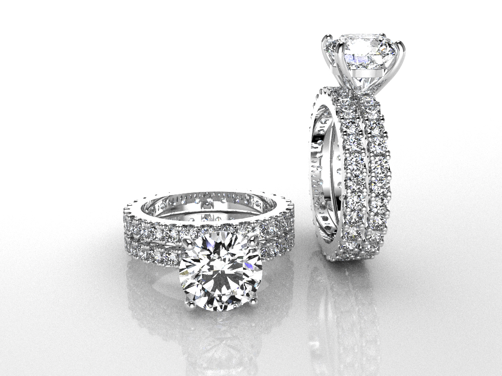 Platinum Diamond Engagement Ring Set with Pavé Band