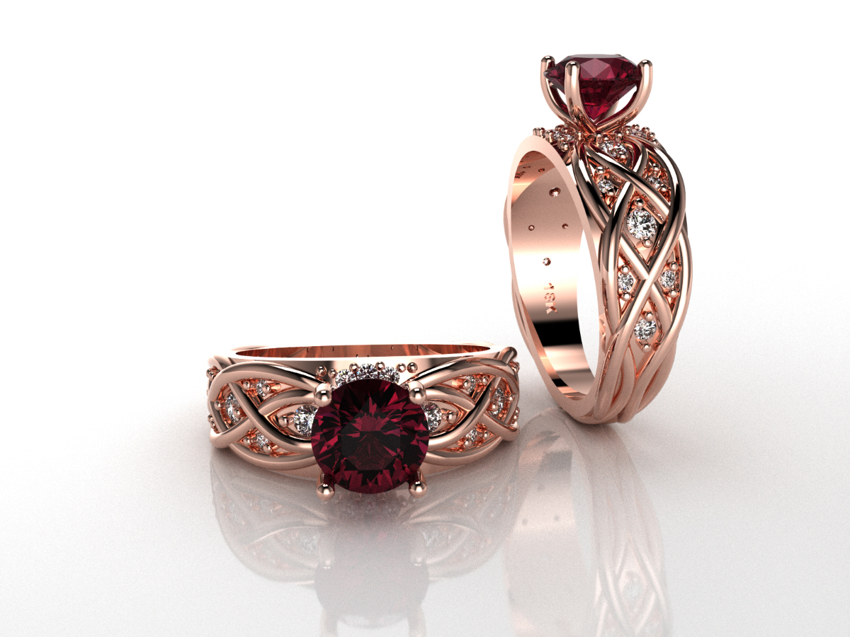 Rose gold ruby Celtic knot ring, unique custom jewelry design Q Jewelers San Antonio