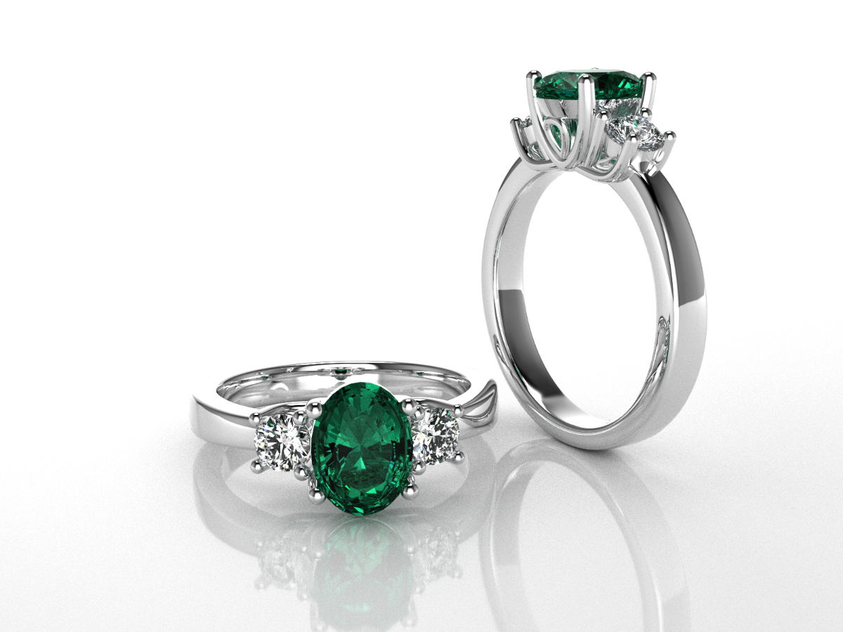 Platinum emerald three-stone ring, custom bespoke jewelry design Q Jewelers San Antonio