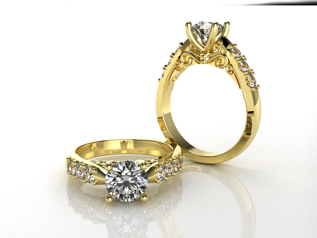 Gold diamond engagement ring with ornate scrollwork detail, handcrafted custom jewelry San Antonio