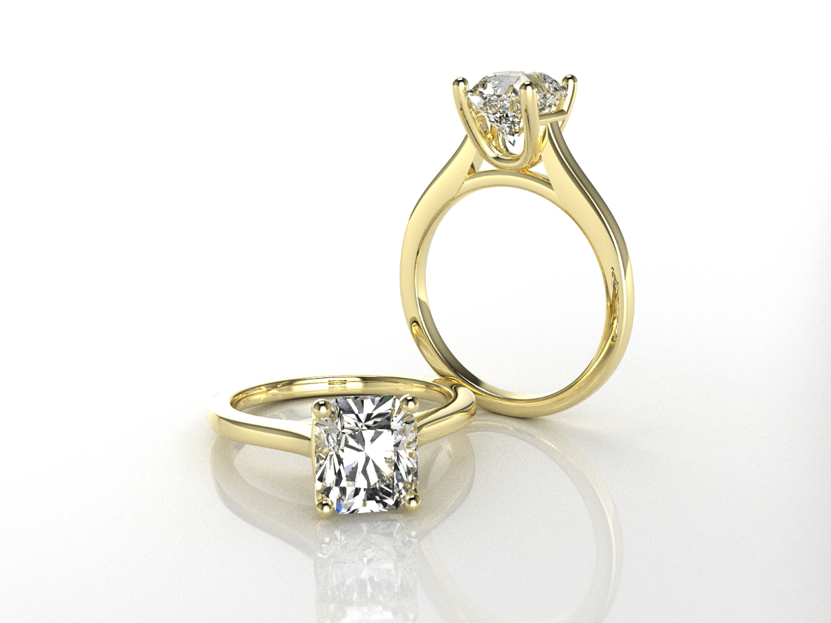 Gold cushion cut diamond solitaire engagement ring, custom jewelry designer San Antonio