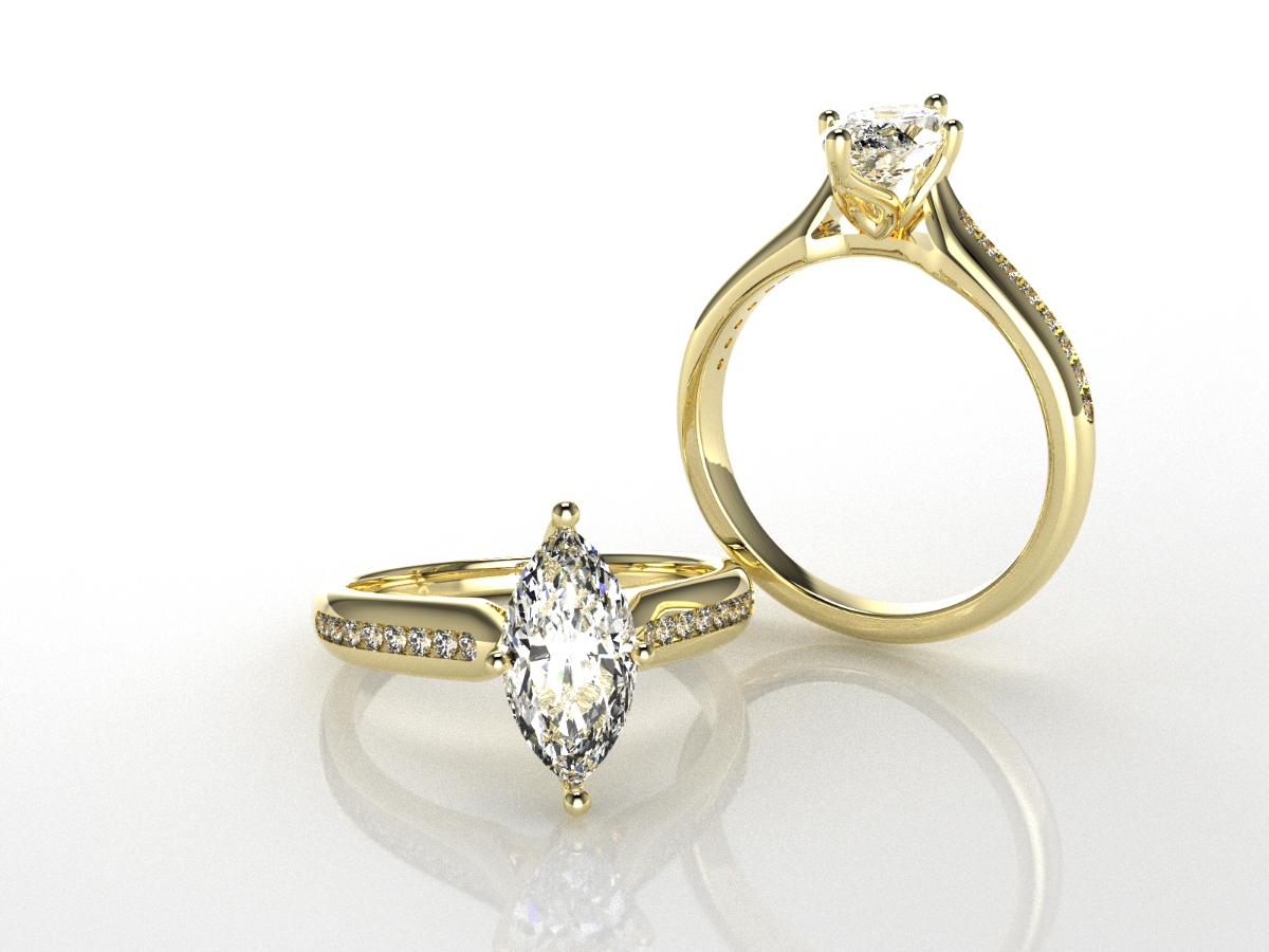 Gold marquise diamond engagement ring with accent stones, bespoke jewelry Q Jewelers San Antonio