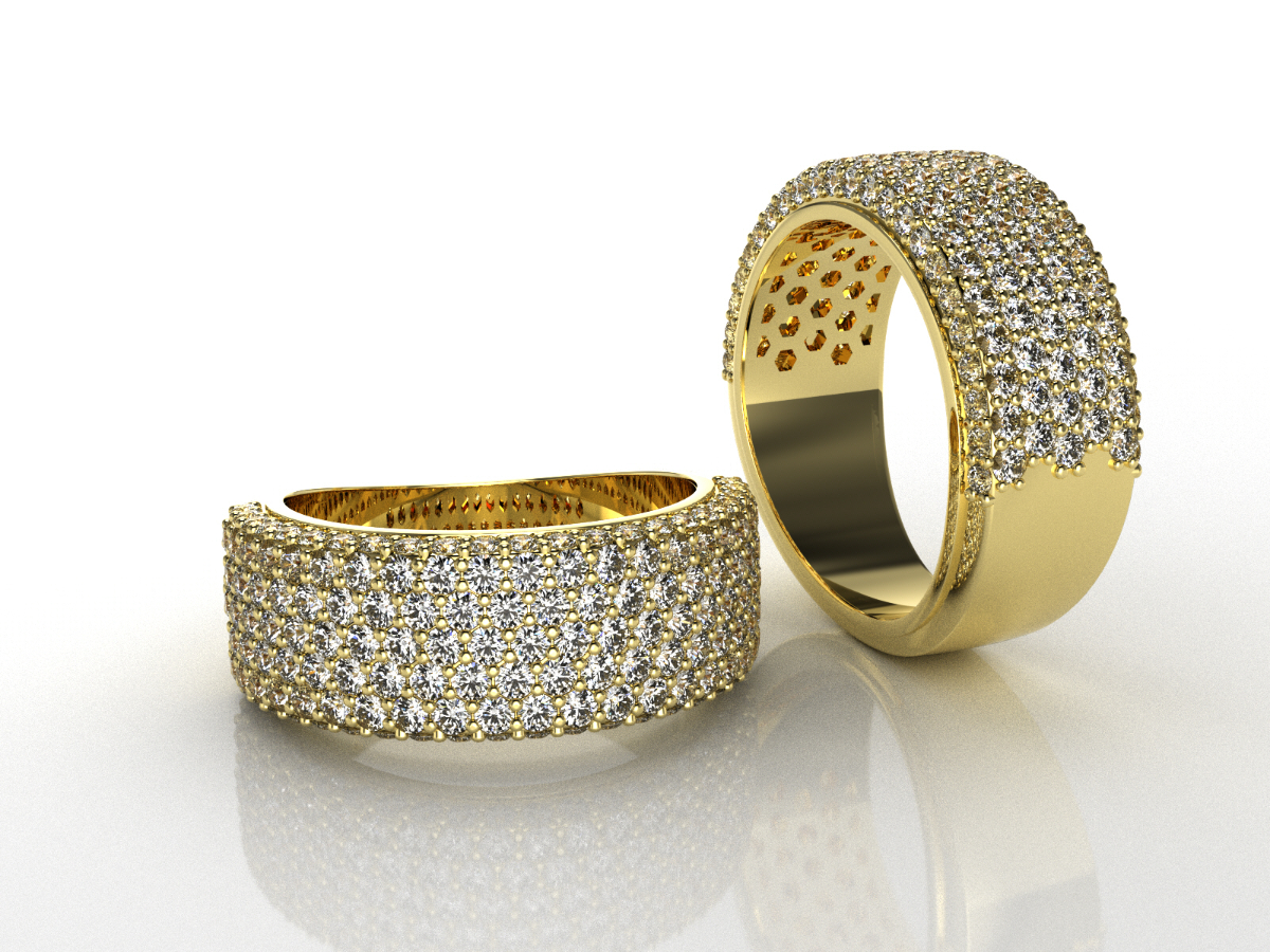 Gold diamond pave wedding bands set, custom wedding jewelry by Q Jewelers San Antonio TX
