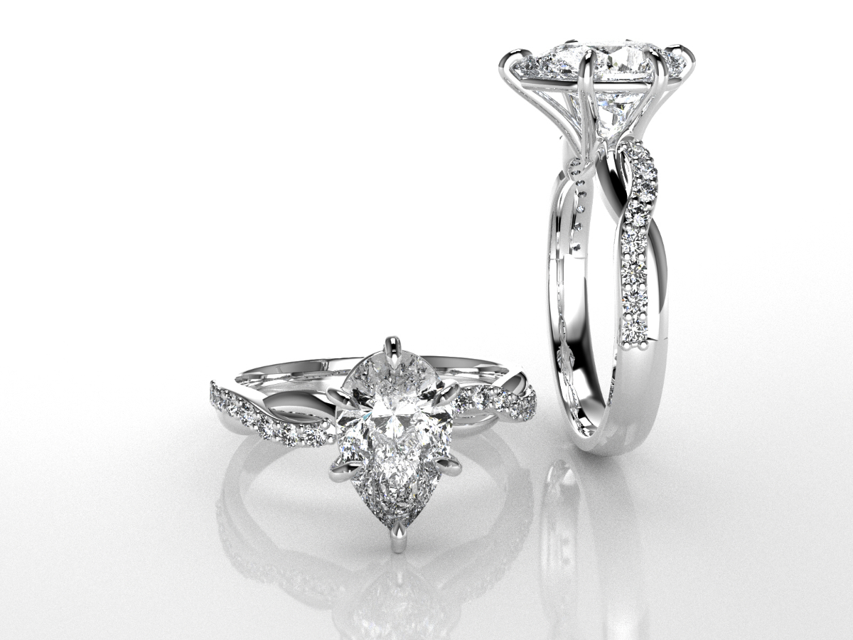 Platinum pear-shaped diamond twist engagement ring, custom design Q Jewelers San Antonio