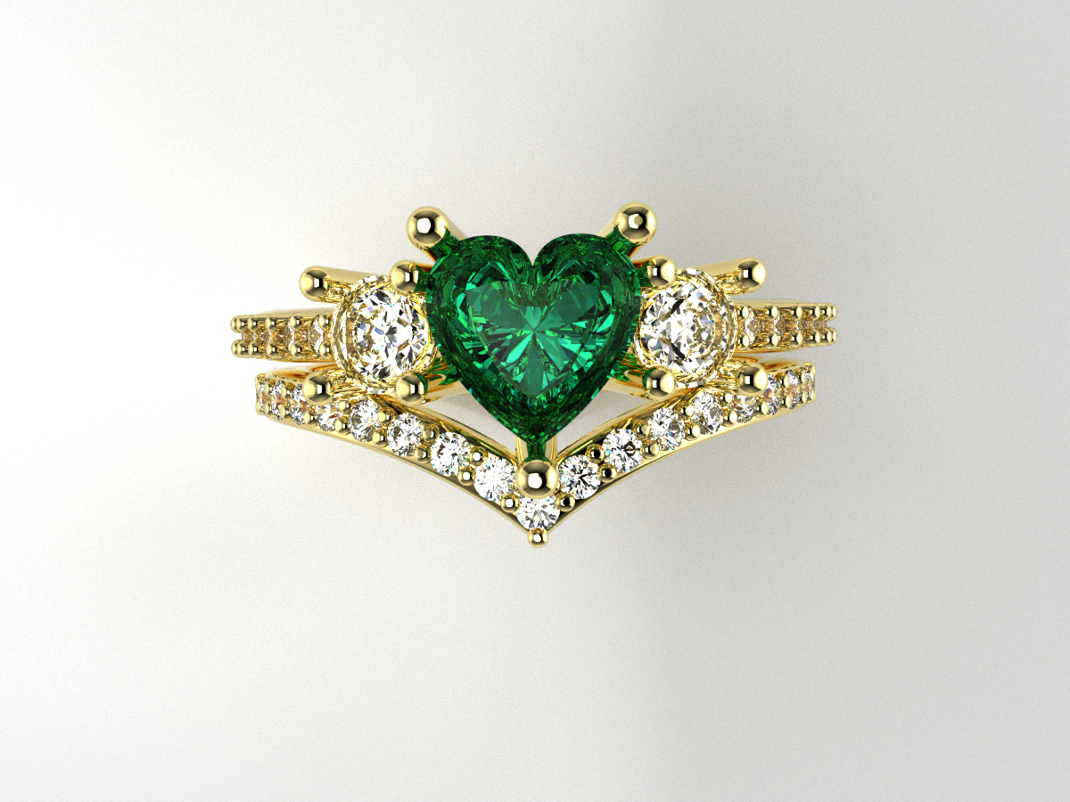 Gold emerald heart diamond ring, custom gemstone jewelry by Q Jewelers San Antonio