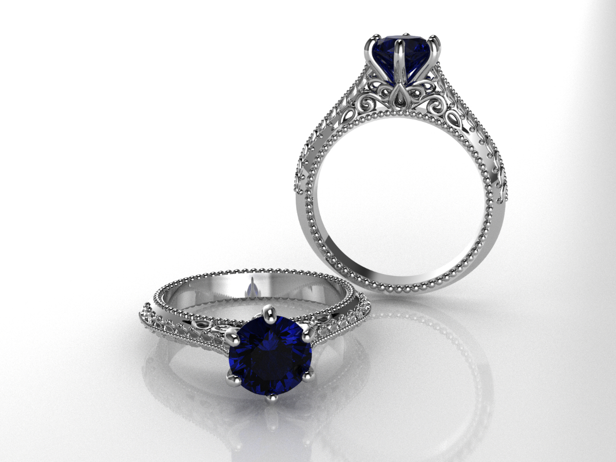 Platinum sapphire filigree engagement ring set with matching band, custom jewelry San Antonio