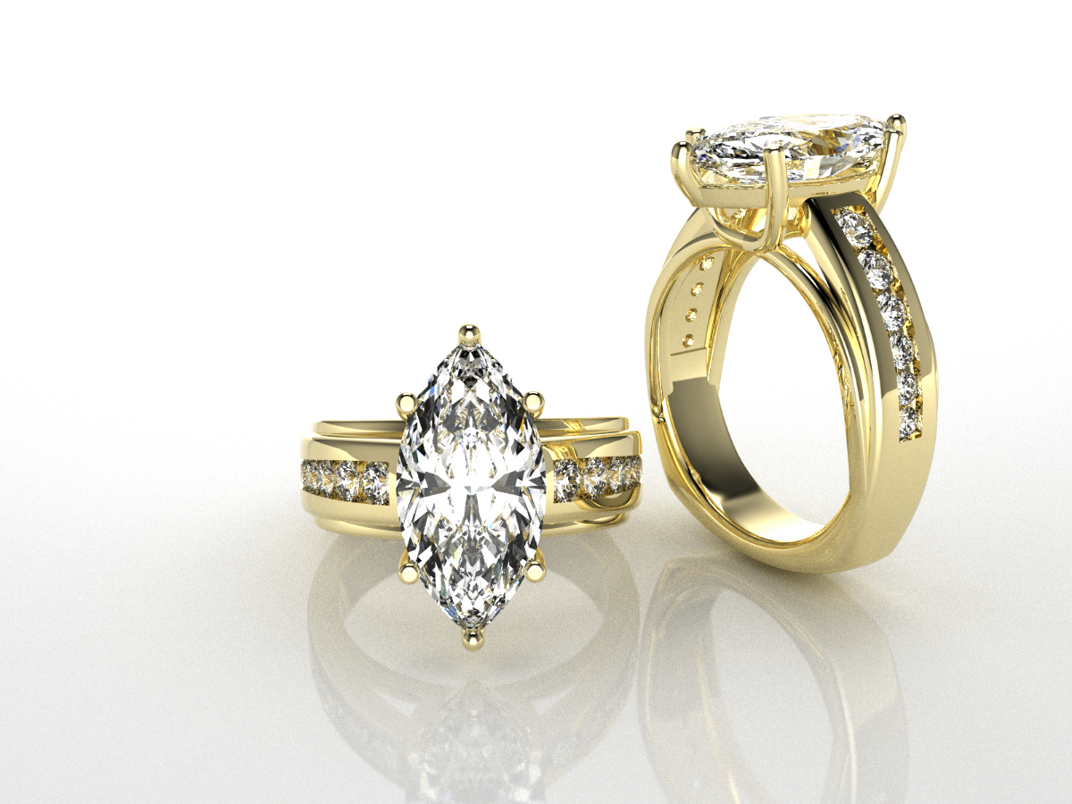 Gold marquise diamond channel engagement ring, custom jewelry designer San Antonio
