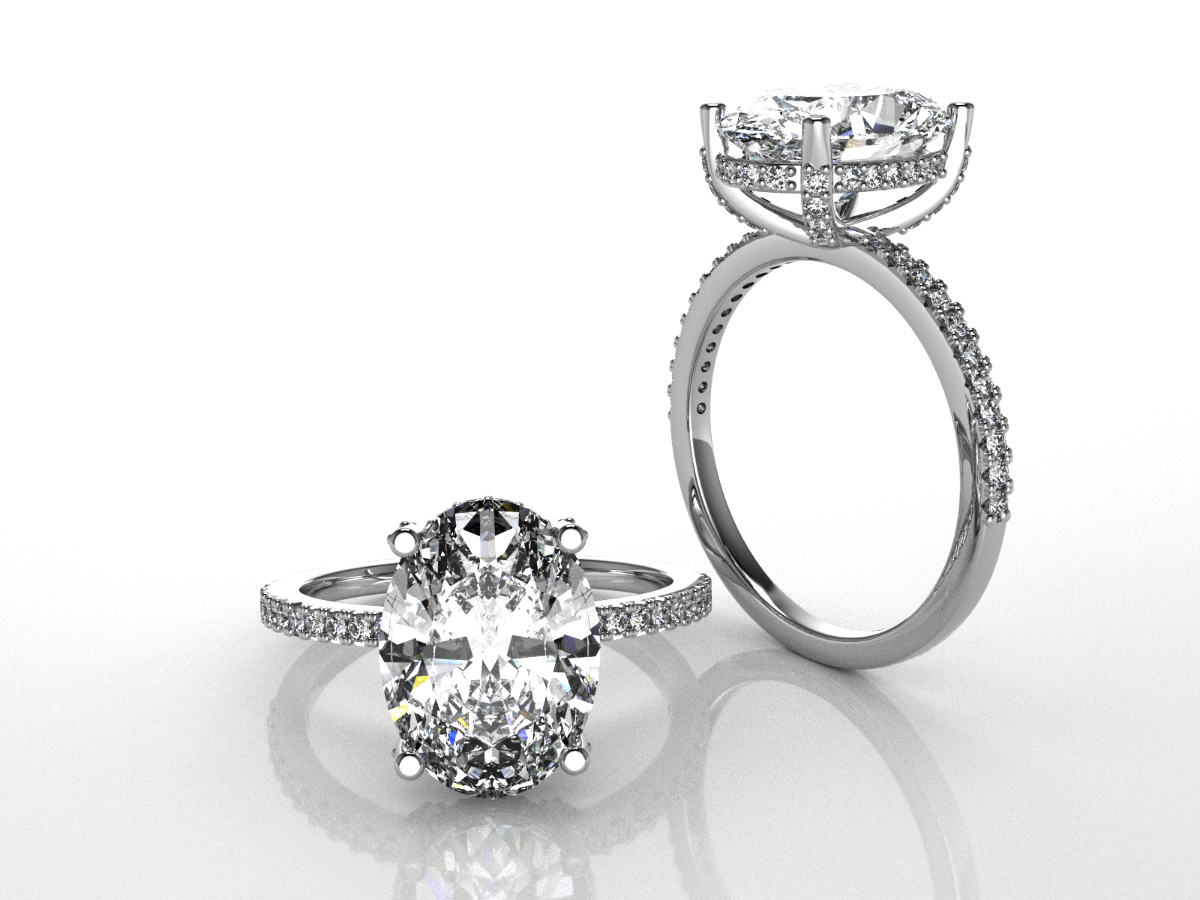 Platinum oval diamond pave engagement ring, bespoke custom jewelry San Antonio