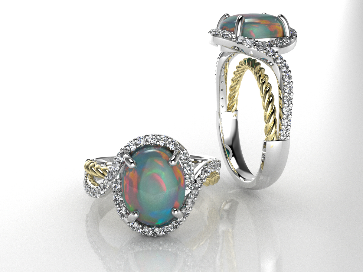 Opal diamond halo ring, unique custom gemstone jewelry by Q Jewelers San Antonio