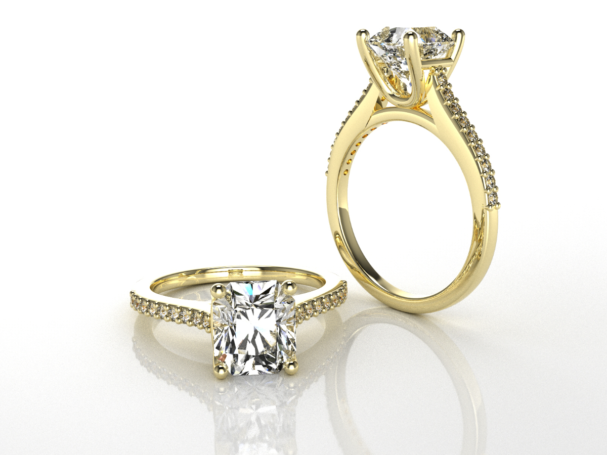 Gold radiant cut diamond engagement ring, custom designed at Q Jewelers San Antonio TX