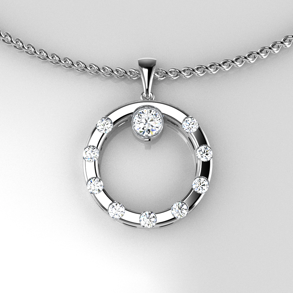 Platinum diamond circle pendant necklace, custom jewelry design Q Jewelers San Antonio