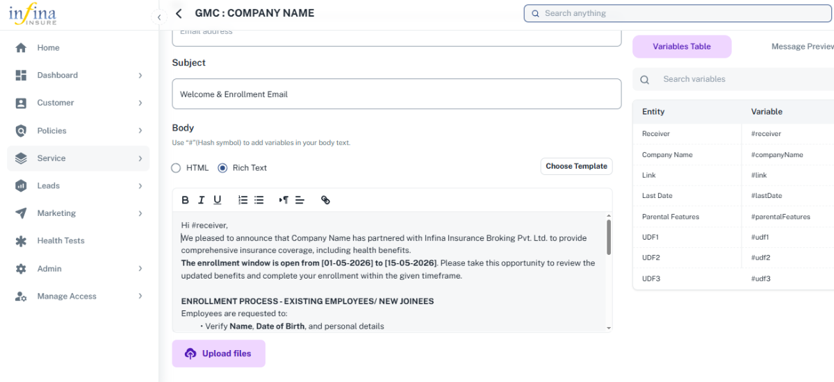Employee enrollment page for easy bulk enrollment from the Infinas admin portal