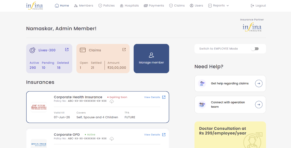 Admin member dashboard showing lives, claims, manage members, insurances list, and help sections