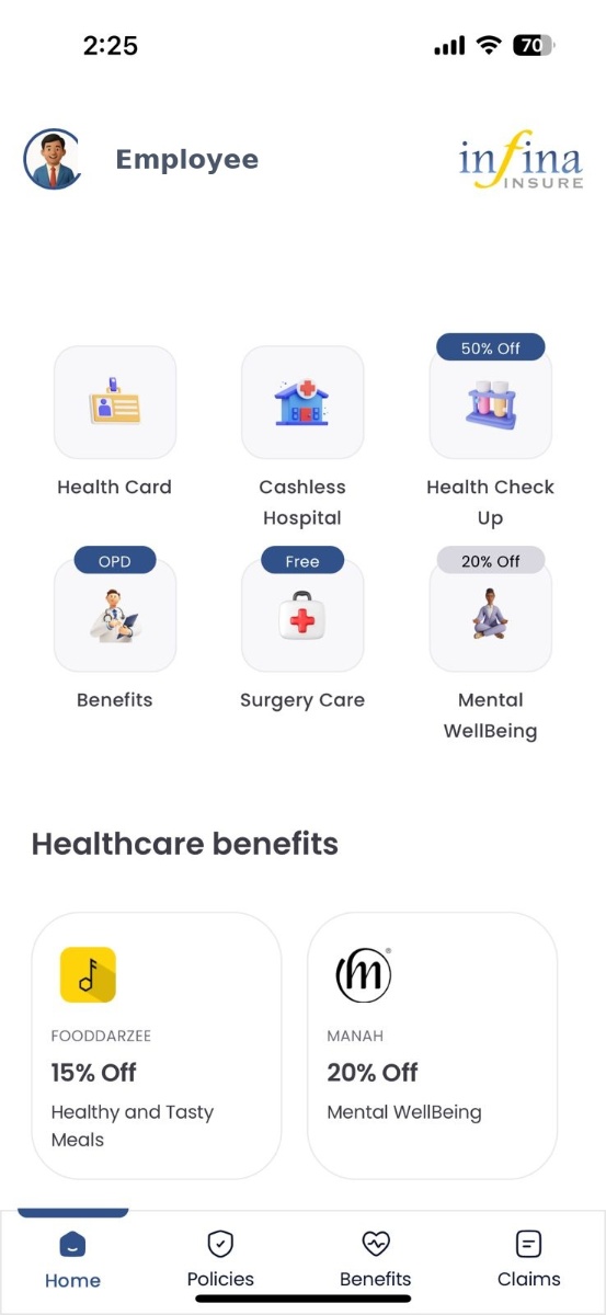 Infina Insure App Dashboard