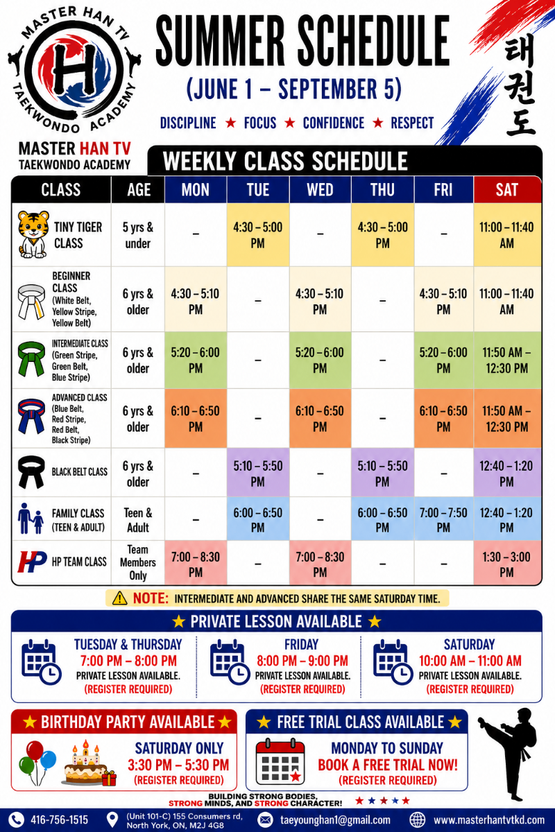 HTKD Summer Class Schedule