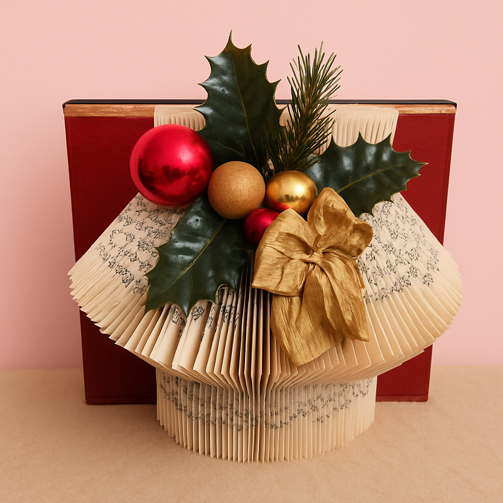 Décoration murale en livre plié – Feuillage & Ornements de Noël (pièce unique)