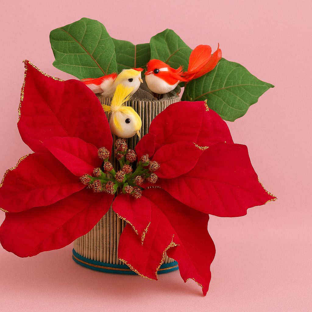 Cage à oiseaux en livre plié – Trio d'oiseaux & Fleur rouge (pièce unique)