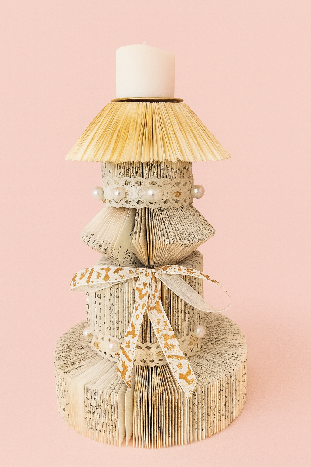 Chandelier en livre plié – Dentelle & Perles (pièce unique)