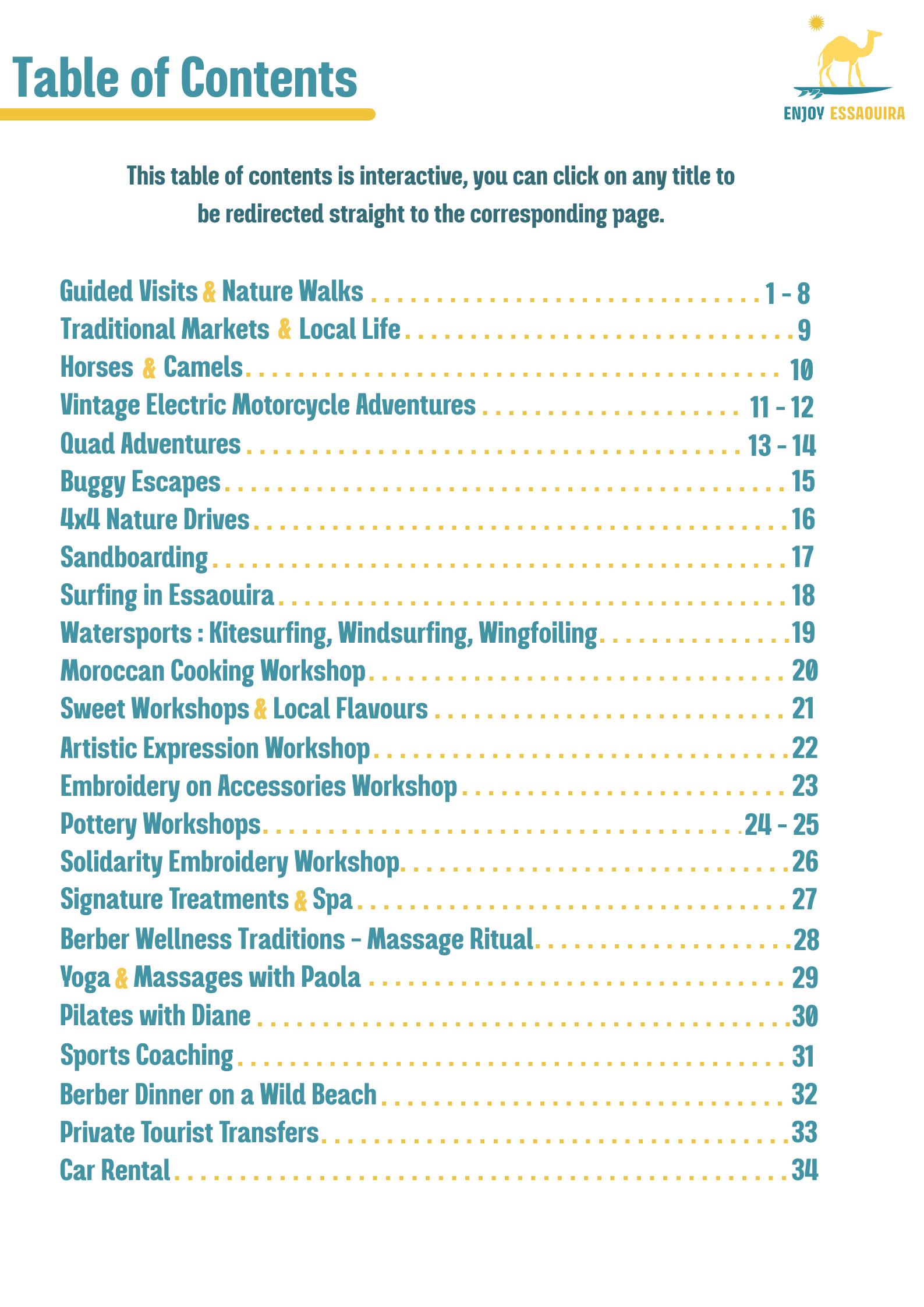 Table of contents of the English catalogue Enjoy Essaouira
