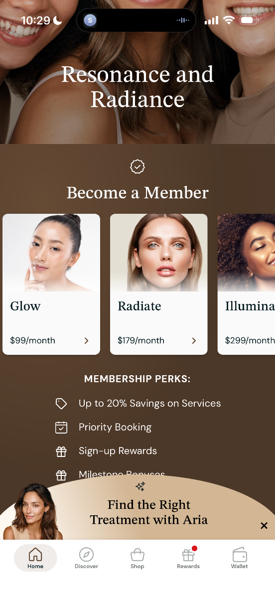 Resonance & Radiance rewards app showing membership and credits
