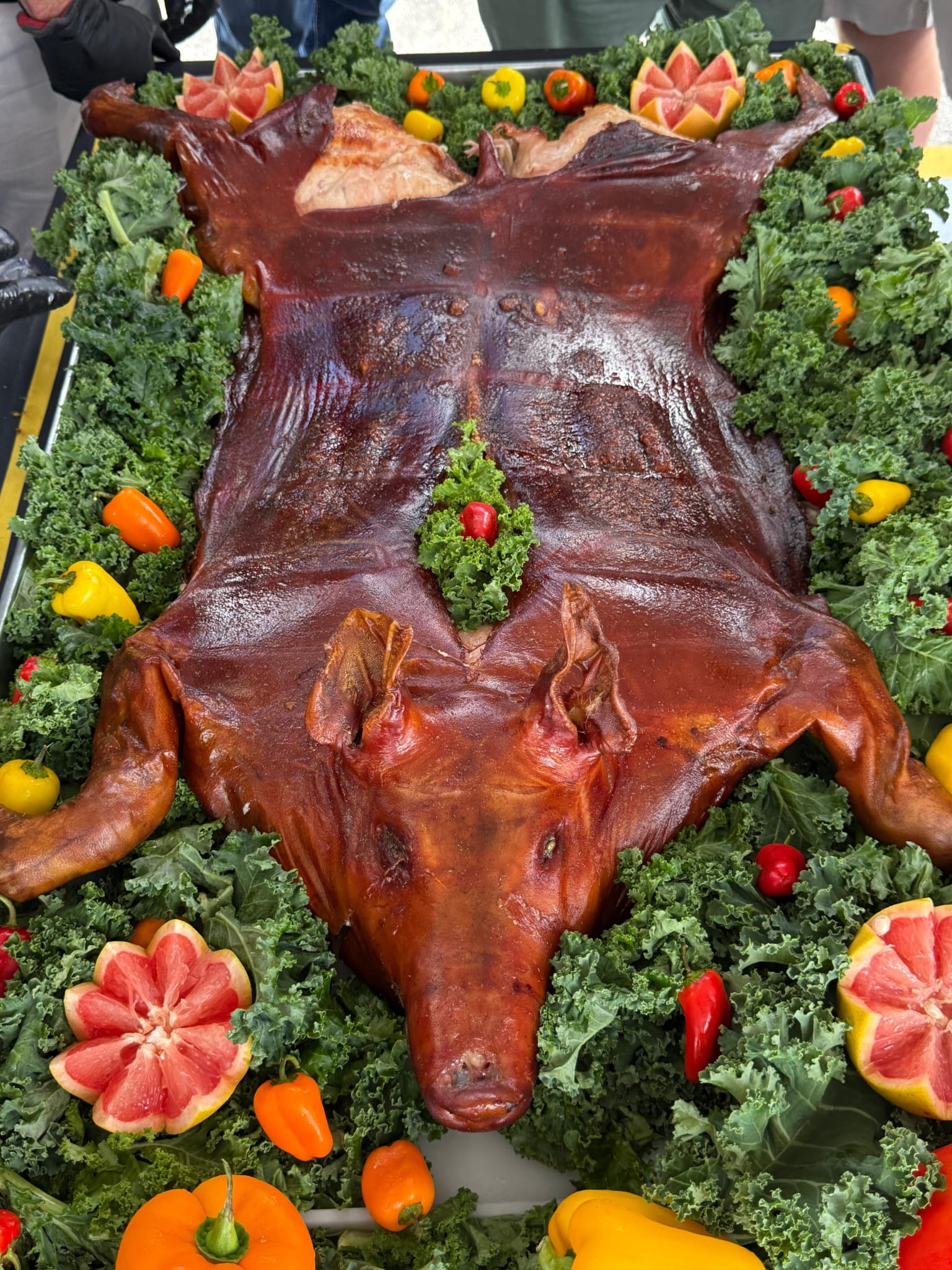 Whole roasted pig on banquet table