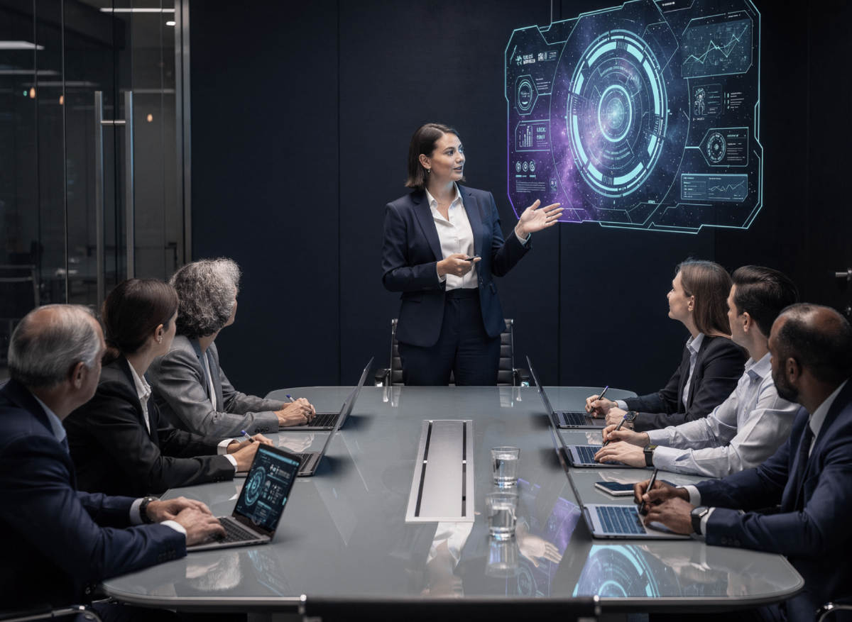 Three professional women collaborating over laptop and documents at round table in modern workspace