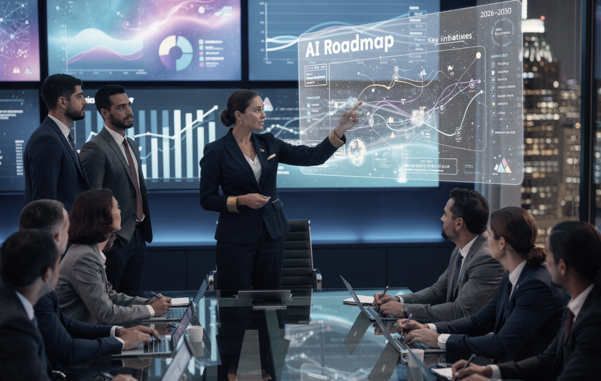 AI strategy advisor presenting roadmap and governance framework to leadership team in modern conference room