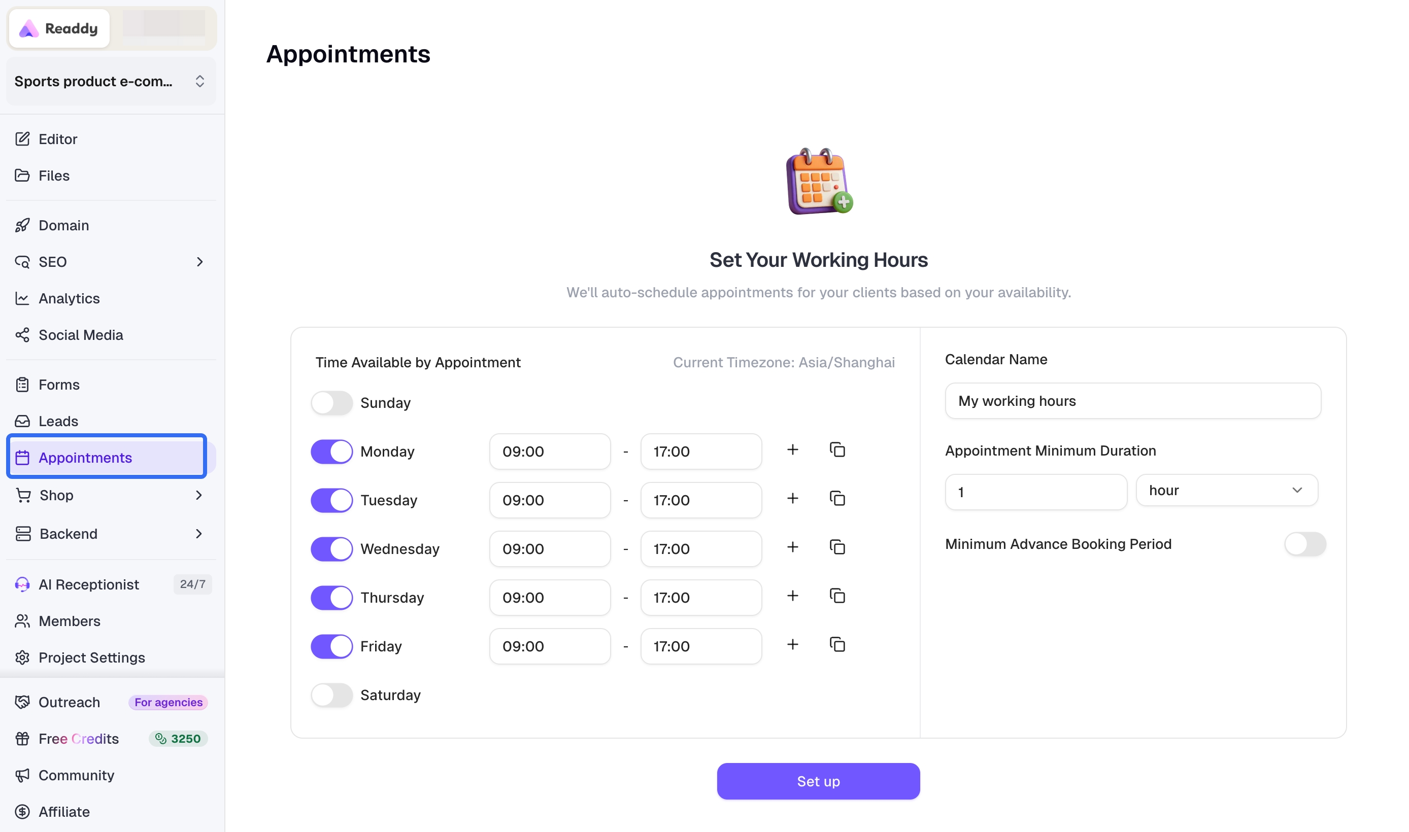 Set up calendar availability for AI Receptionist appointments